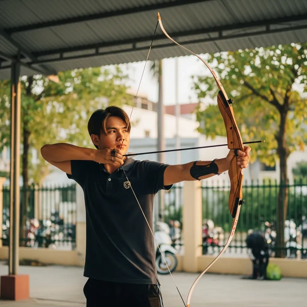Người mới tập bắn cung một dây tại sân ngoài trời ở Sài Gòn