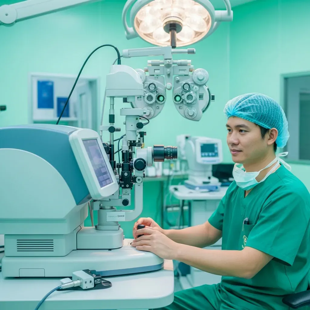 Bác sĩ thực hiện phẫu thuật khúc xạ bằng công nghệ laser hiện đại