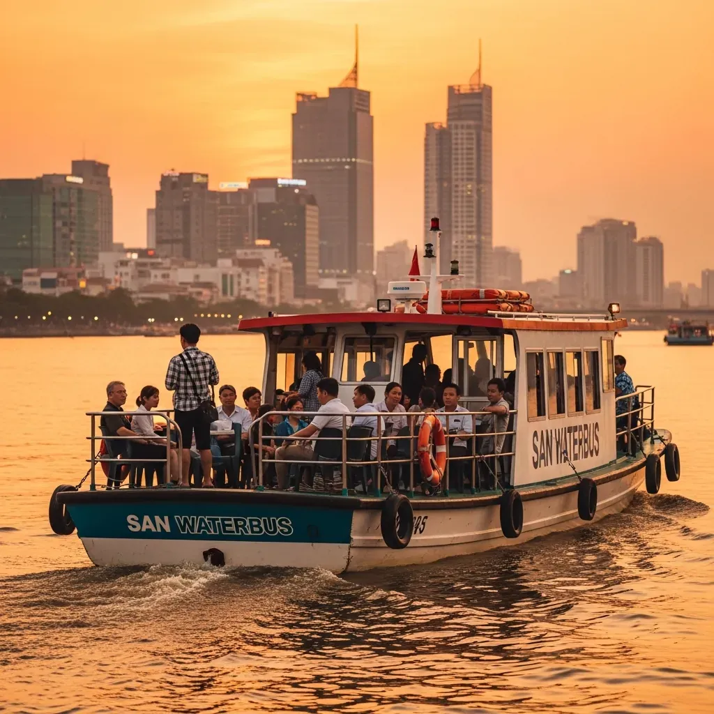 Buýt sông Saigon Waterbus qua sông lúc hoàng hôn
