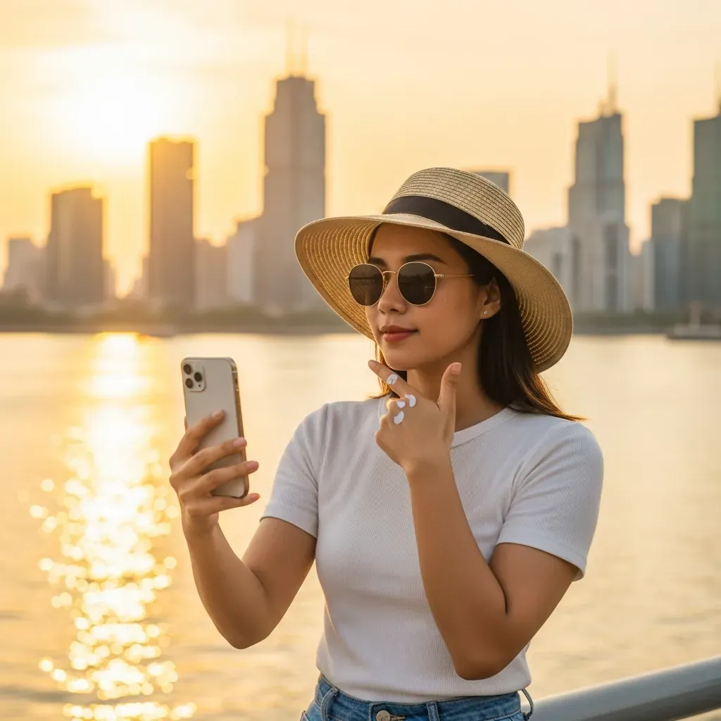 Cô gái Việt đội mũ, đeo kính chuẩn bị cho buổi chiều ra bờ sông ngắm hoàng hôn