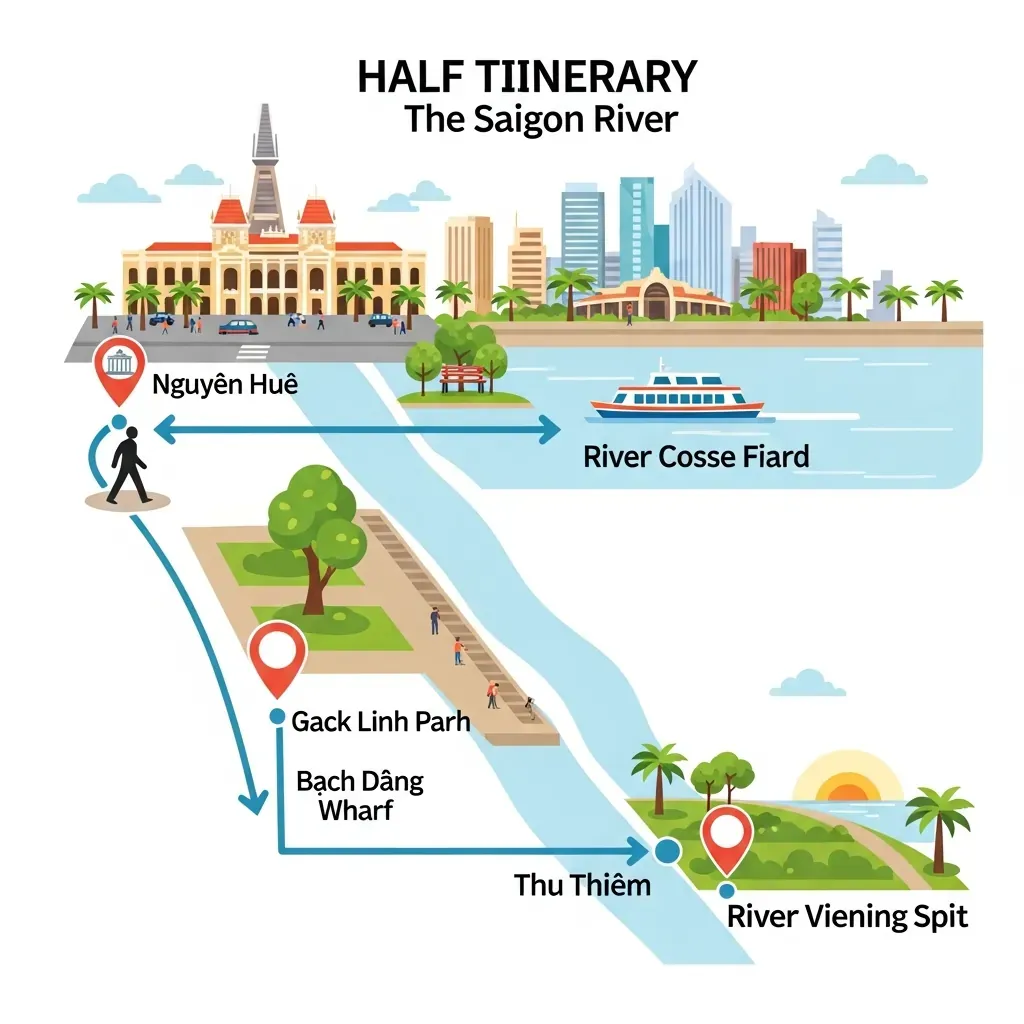 Sơ đồ minh họa lịch trình nửa ngày dọc bờ sông Sài Gòn