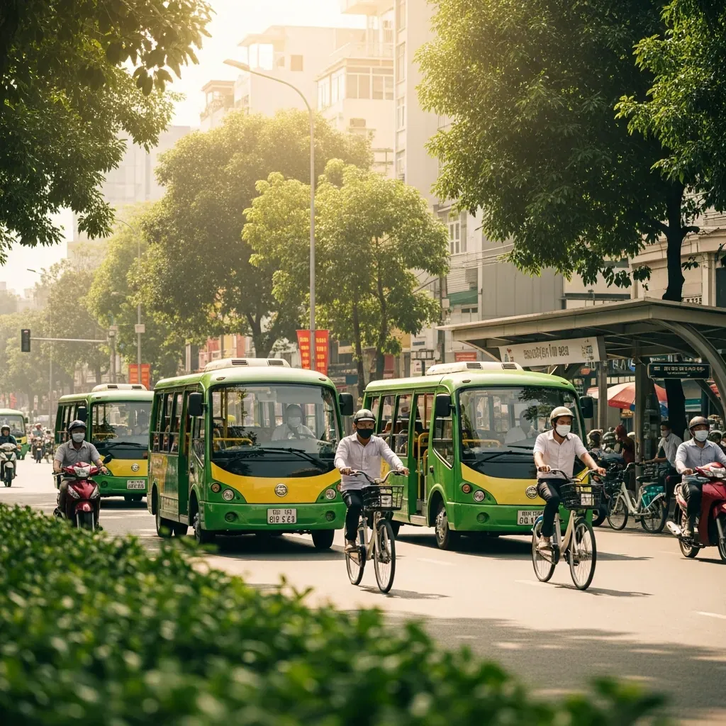Hành khách chuyển tiếp bằng buýt điện và xe đạp công cộng quanh ga metro