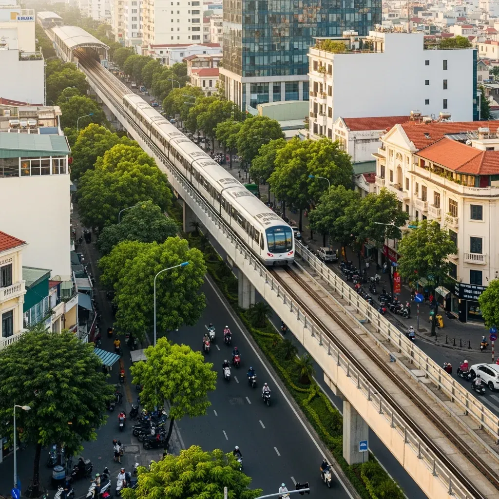 Tàu metro trên cao chạy giữa đô thị TP.HCM nhộn nhịp