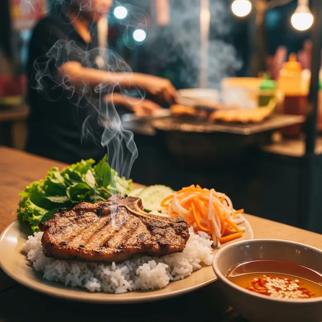 Dĩa cơm tấm sườn nướng ở quán Dì Kim chợ An Nhơn