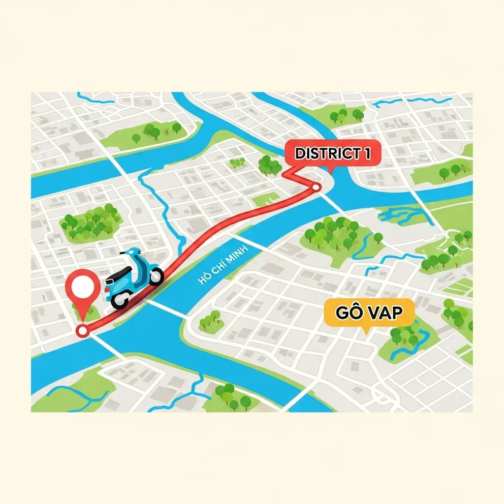 Minh họa quãng đường từ Quận 1 đến chợ An Nhơn Gò Vấp