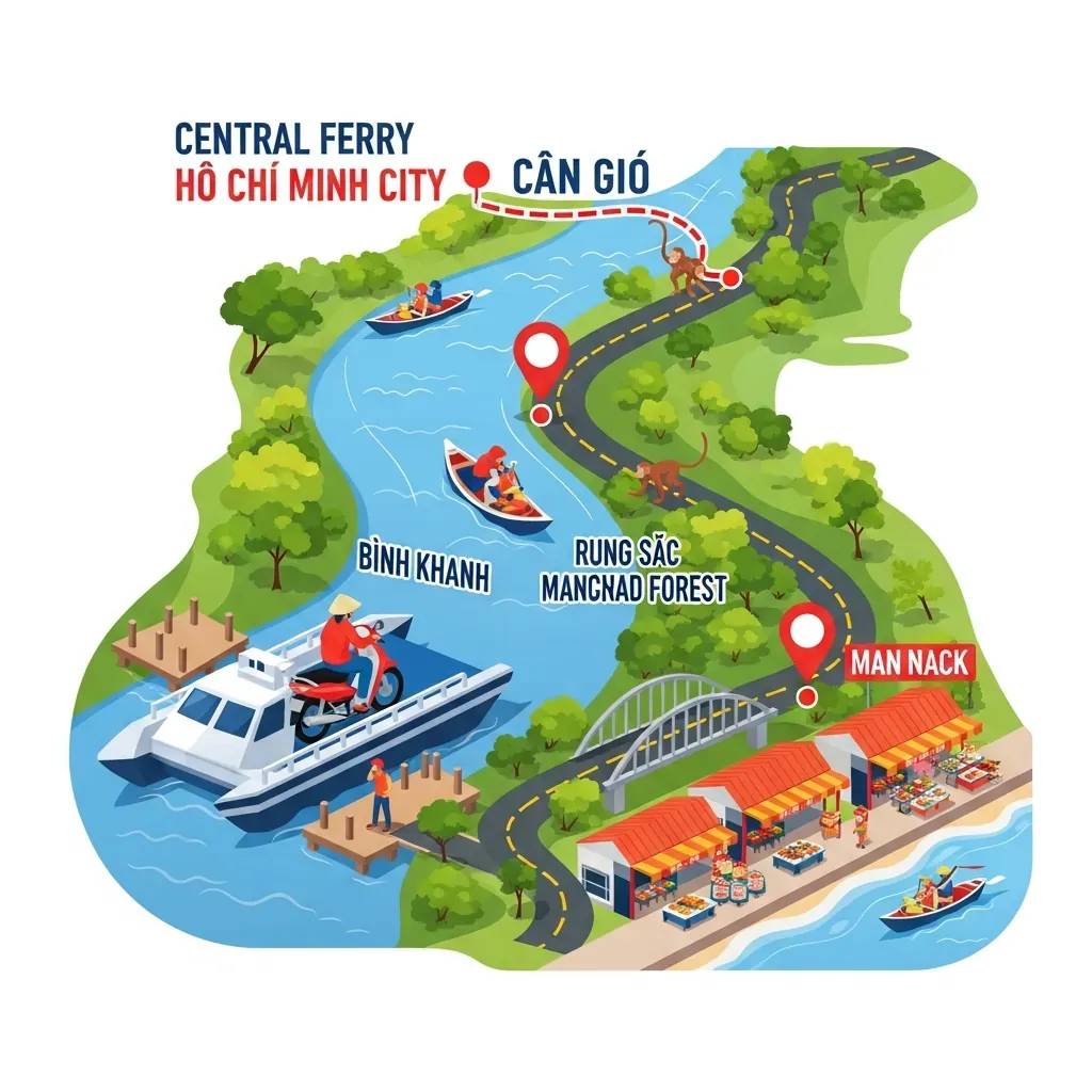 Bản đồ minh họa đường đi từ trung tâm TP.HCM đến chợ Cần Giờ qua phà Bình Khánh
