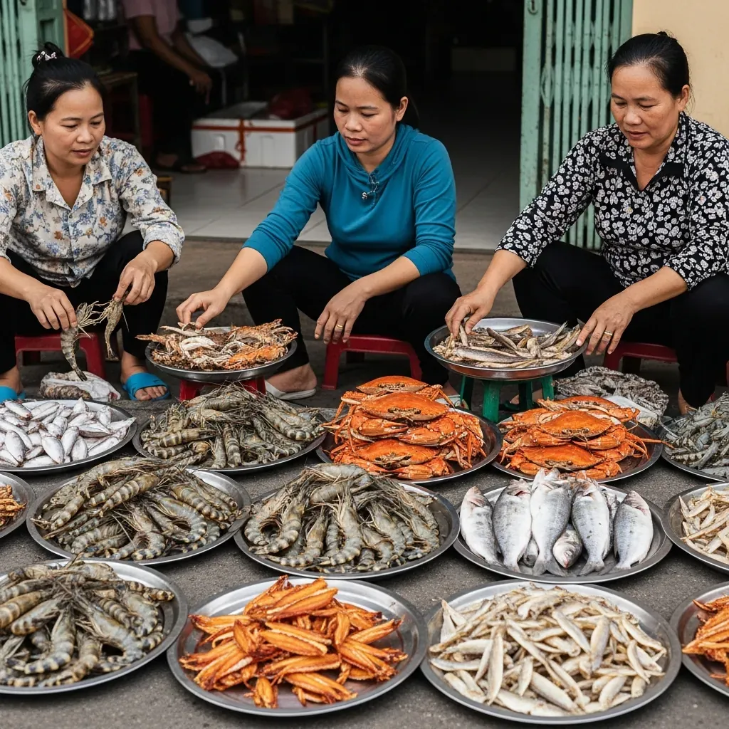 Chợ thị trấn Cần Thạnh với hải sản tươi và đồ khô làm quà