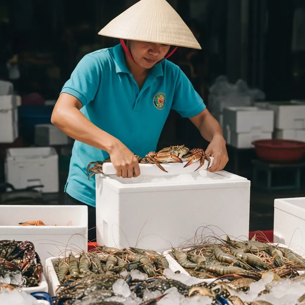 Đóng thùng xốp và đá để giữ hải sản tươi khi mang về nhà