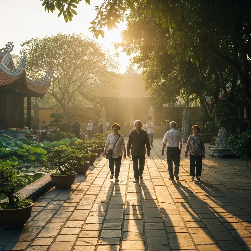 Khách viếng chùa vào buổi sáng sớm khi nắng dịu và sân chùa còn vắng