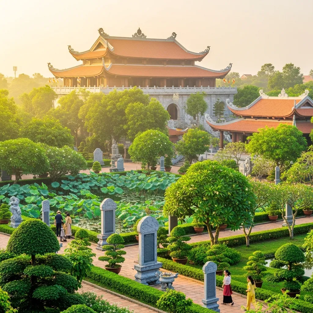Toàn cảnh chùa Huê Nghiêm 2 với chánh điện mái ngói và khuôn viên cây xanh buổi sáng