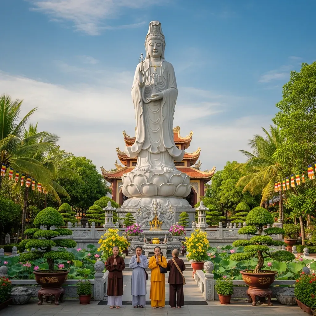 Tượng Bồ tát Quán Thế Âm bằng đá hoa cương cao 12 mét tại sân trước chùa