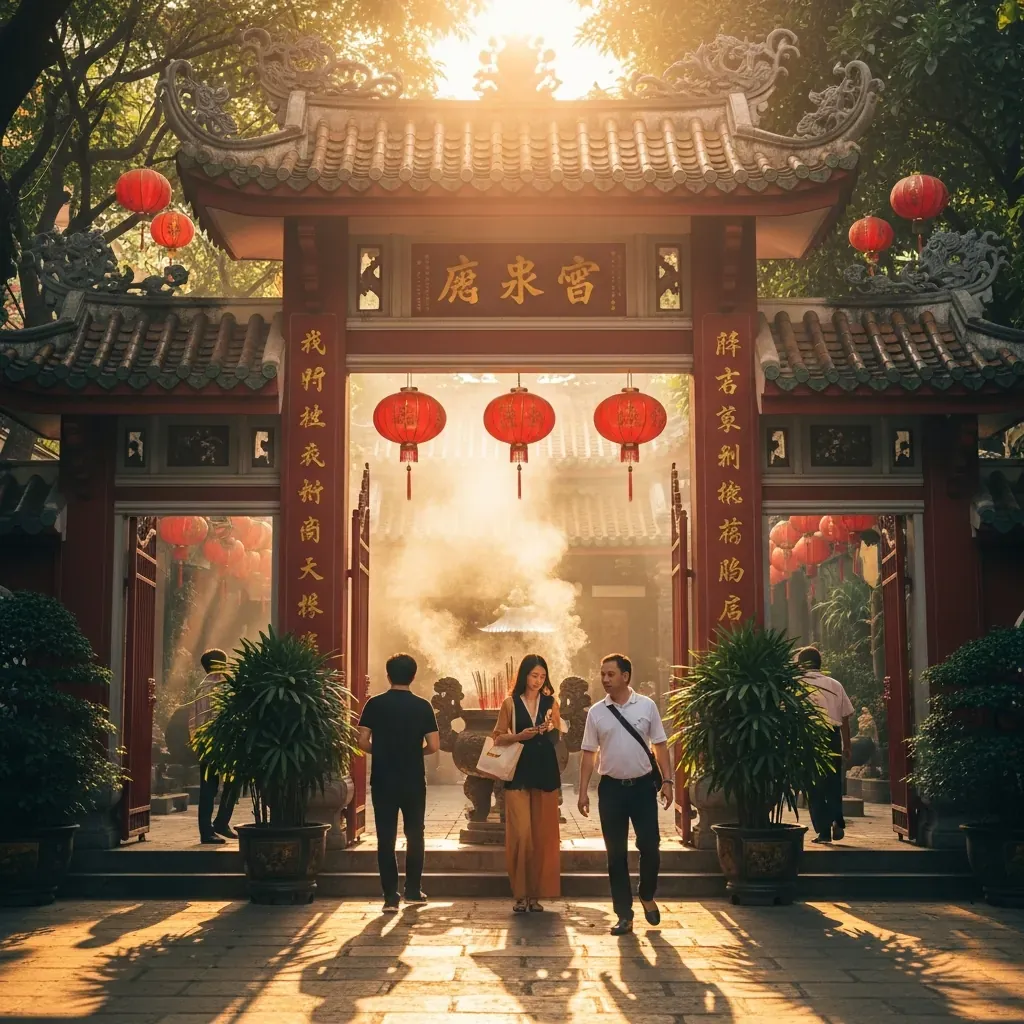 Cổng chùa mở cửa đón khách buổi sáng