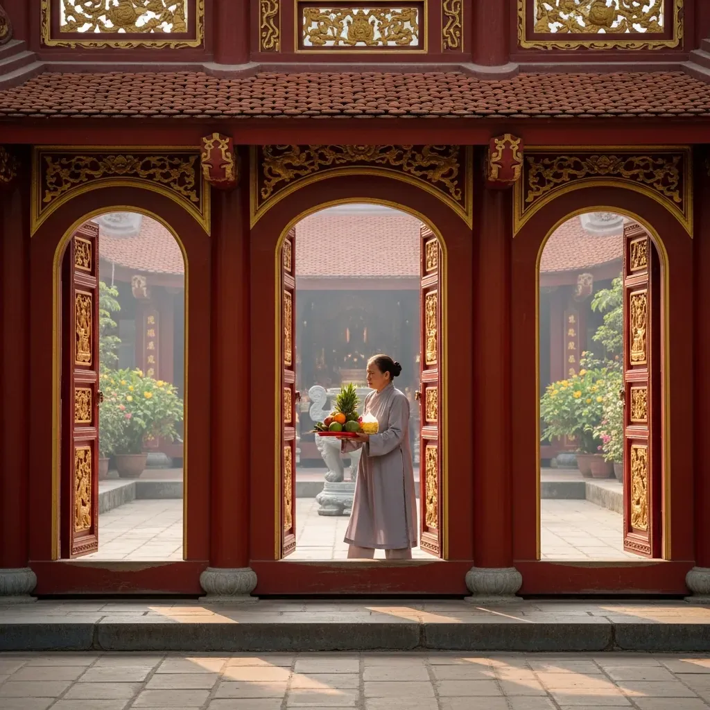 Người viếng mặc đồ kín đáo bước qua cổng tam quan