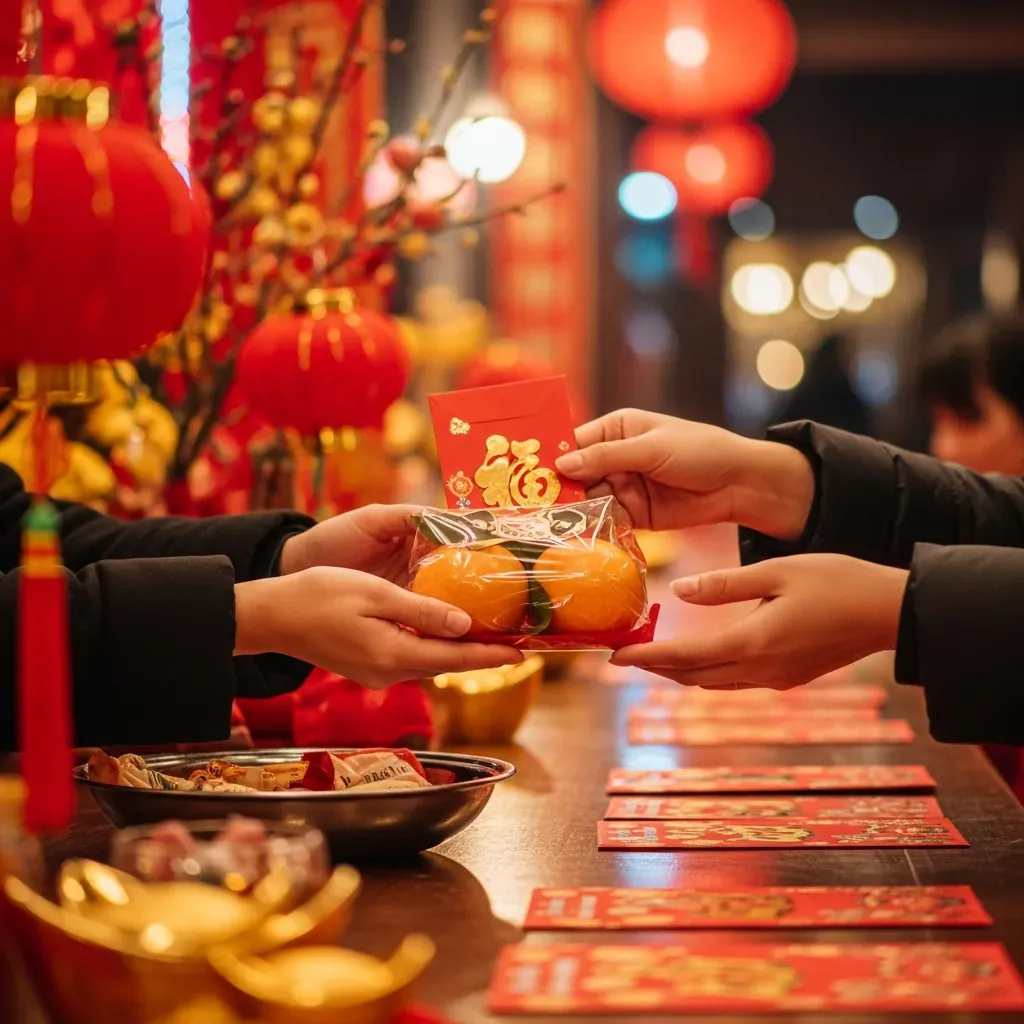 Nhận lộc gồm cặp quýt và bao lì xì tại chùa