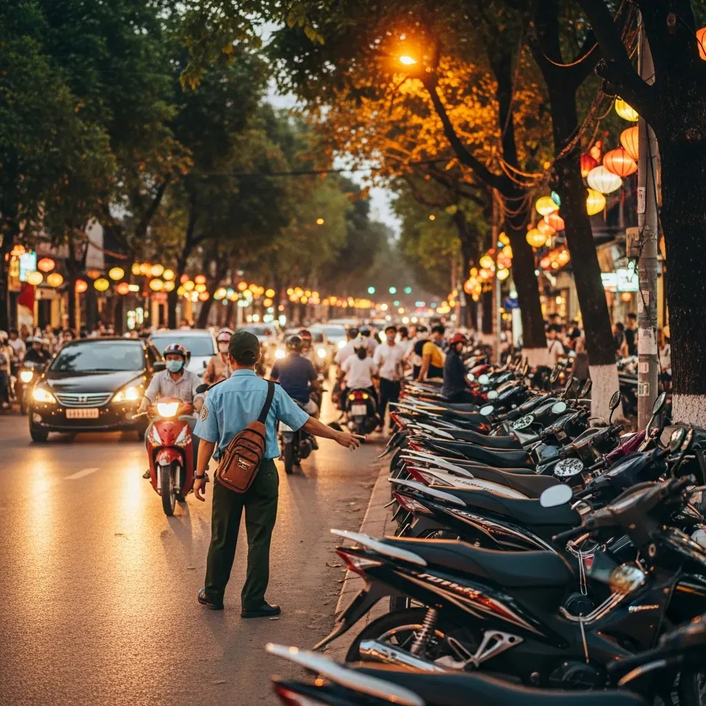 Cảnh gửi xe và đám đông quanh chùa trong dịp lễ hoa đăng