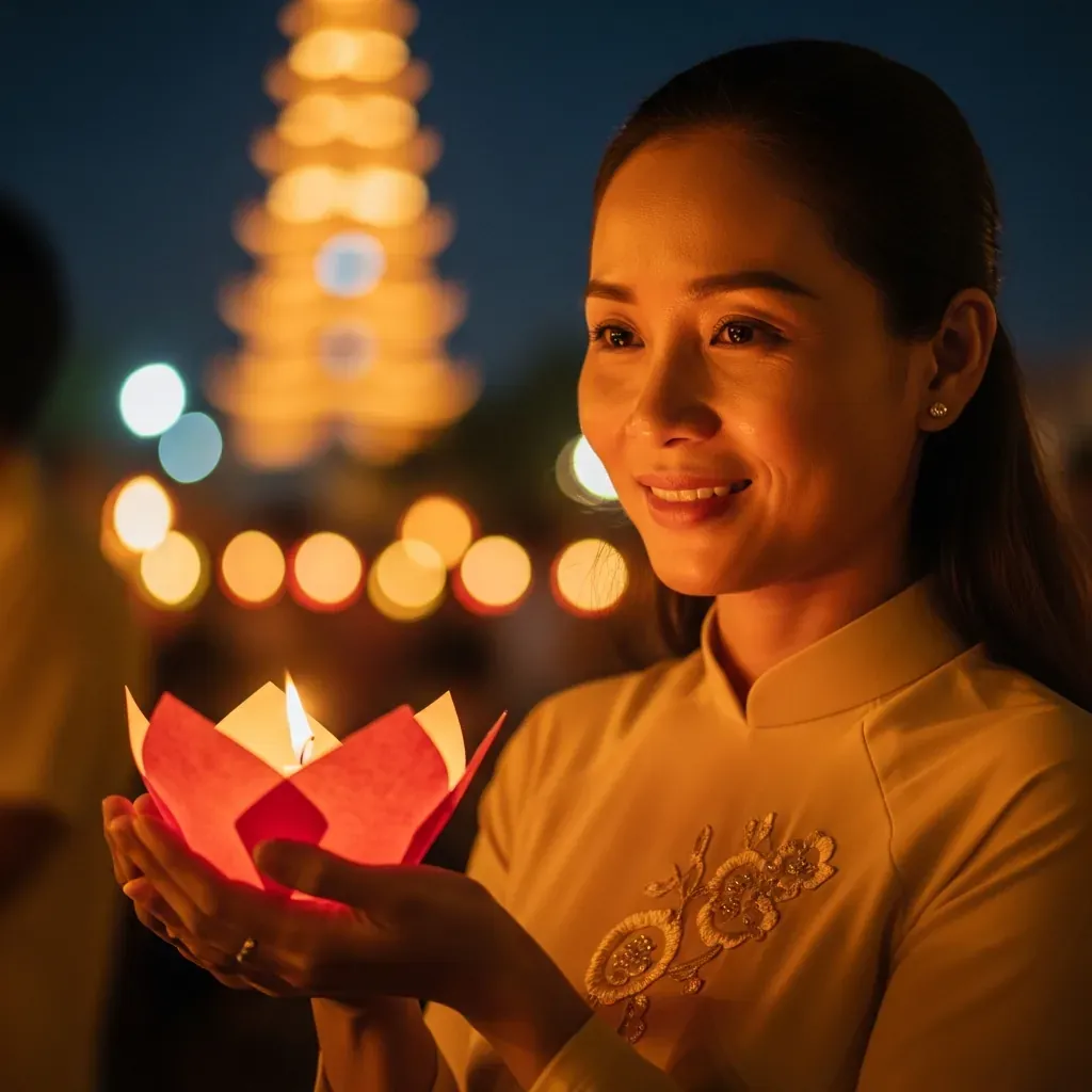Cô gái Việt cầm chiếc hoa đăng được phát miễn phí tại chùa