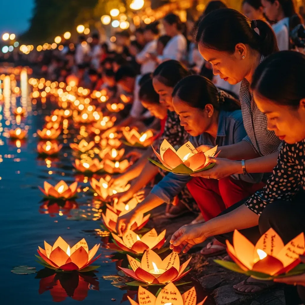 Người dân thả hoa đăng xuống kênh Nhiêu Lộc trong đêm hội