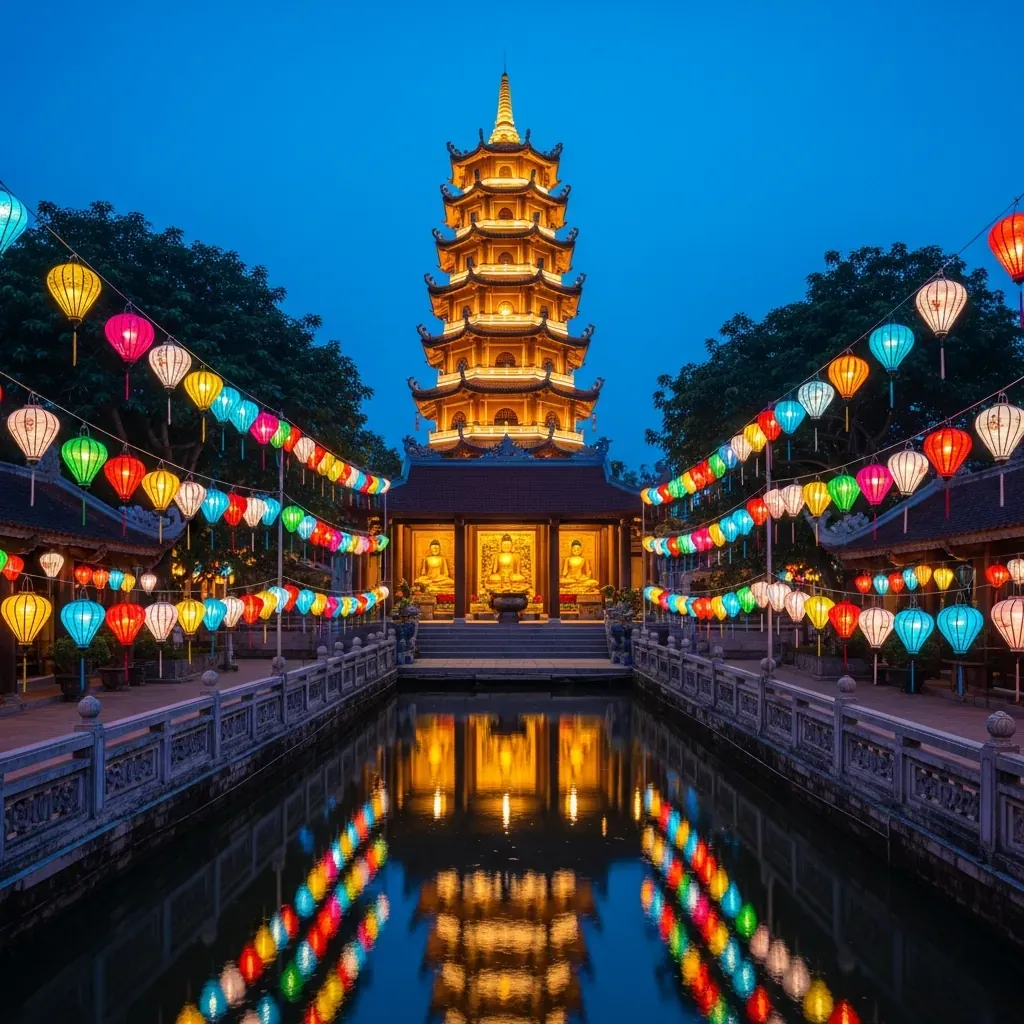 Tháp Đa Bảo và đèn lồng rực rỡ trong khuôn viên chùa Pháp Hoa lúc lên đèn