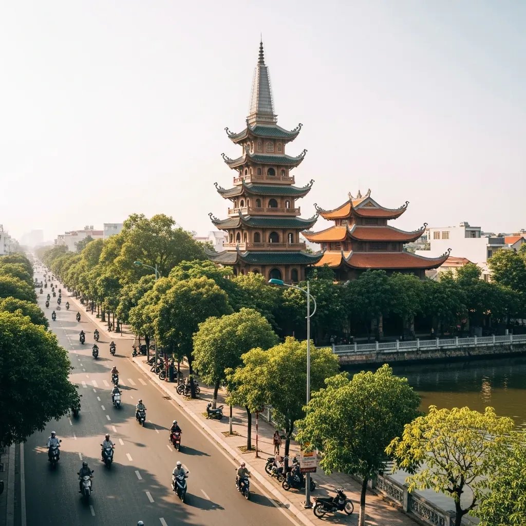 Toàn cảnh chùa Pháp Hoa bên bờ kênh Nhiêu Lộc Quận 3 nhìn từ trên cao