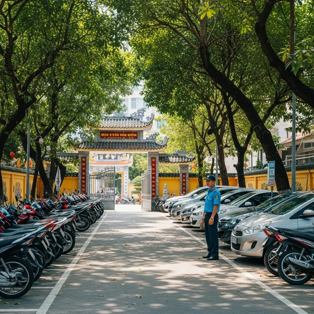 Khu gửi xe máy và ô tô tại chùa có bảo vệ trông coi