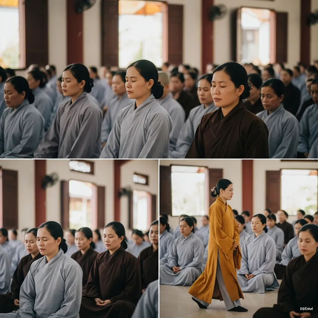 Phật tử mặc áo tràng lam ngồi tĩnh tọa trong khóa tu Phật thất