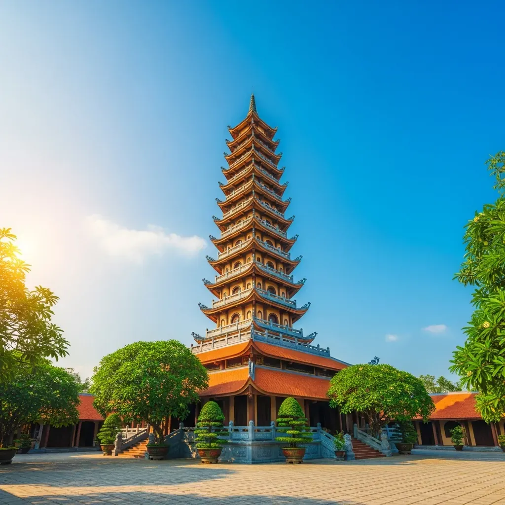 Toàn cảnh chùa Vạn Đức Thủ Đức với chánh điện cao nhiều tầng dưới bầu trời trong xanh