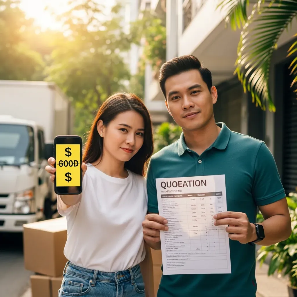 Cặp đôi Việt Nam đối chiếu báo giá; cô gái cầm điện thoại hiển thị giá rẻ bất ngờ, chàng trai cầm bảng kê chi tiết.
