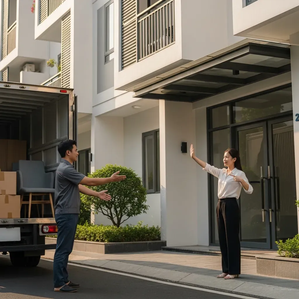 Chủ nhà nữ giơ tay yêu cầu kiểm tra đồ trước khi thanh toán cho nhân viên chuyển nhà.