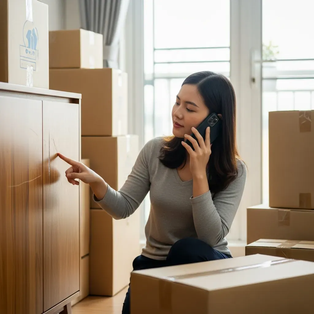 Chủ nhà phát hiện vết xước trên tủ sau khi chuyển đến, vừa gọi điện báo cho công ty vừa chụp ảnh làm bằng chứng.