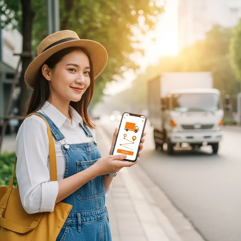 Cô gái trẻ đặt xe tải chuyển nhà qua ứng dụng trên điện thoại, xe tải đang đến phía sau.