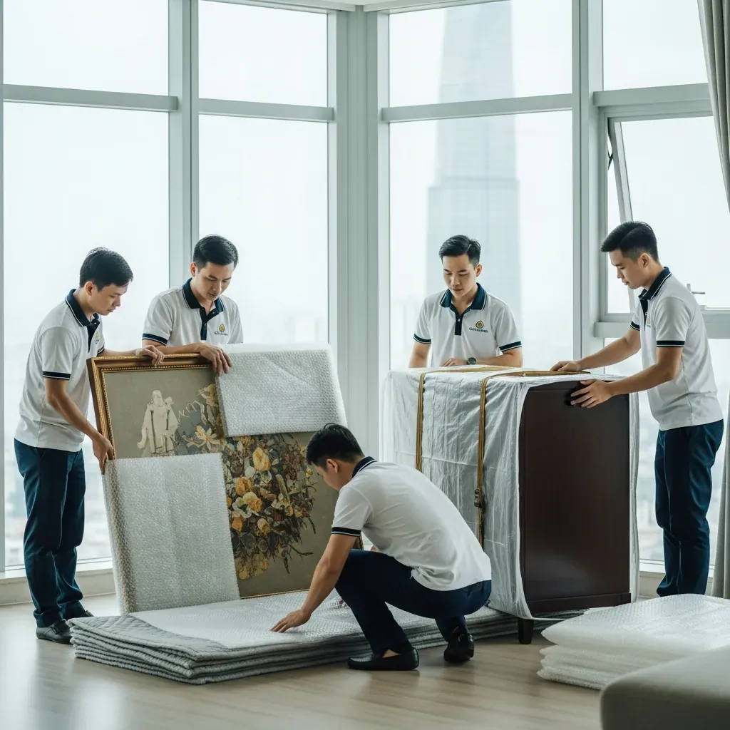 Đội ngũ Vietnam Moving đang đóng gói cẩn thận một bức tranh lớn trong căn hộ penthouse sang trọng.