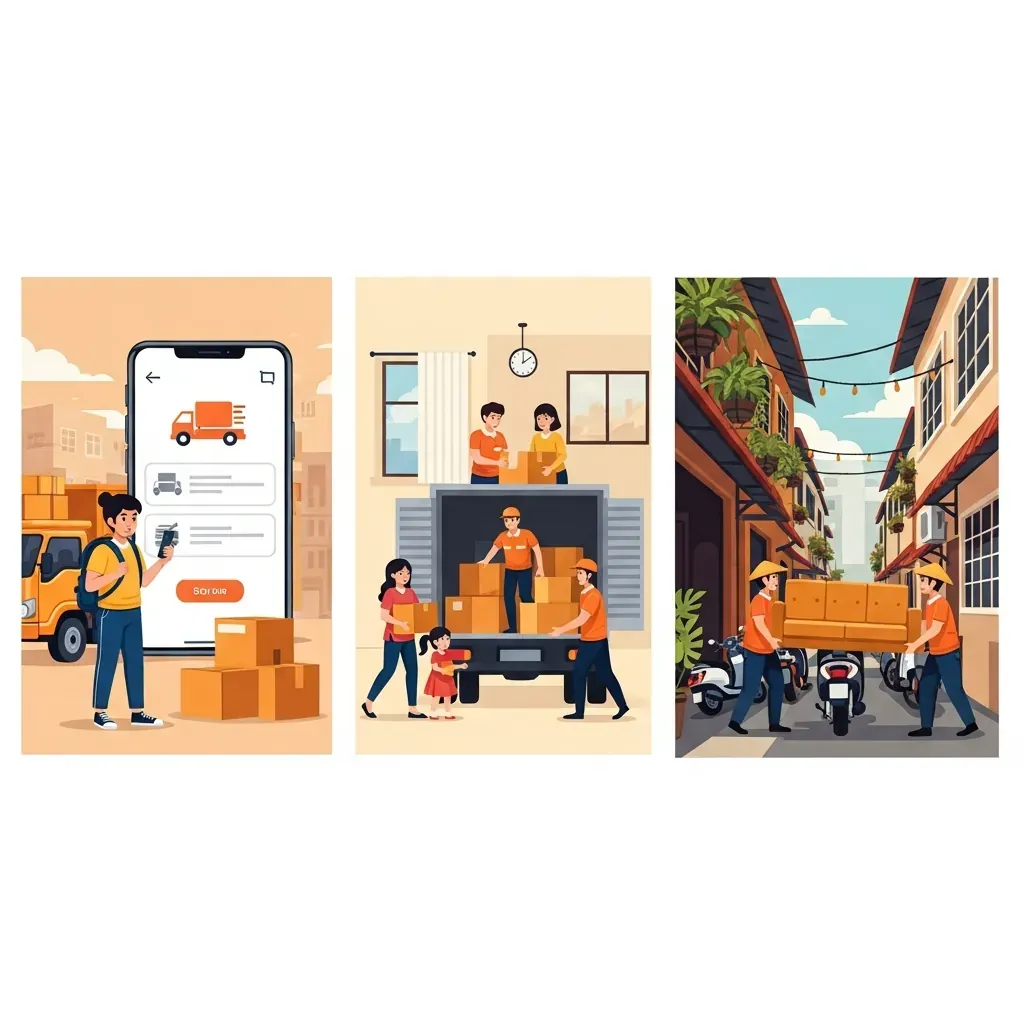 Minh họa ba kịch bản chuyển nhà: sinh viên dùng app, gia đình dùng công ty chuyên nghiệp, và hẻm nhỏ cần trung chuyển.