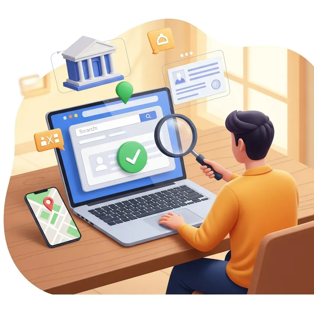 Minh họa các bước xác minh: tra cứu mã số thuế trên laptop và kiểm tra địa chỉ qua Google Maps trên điện thoại.
