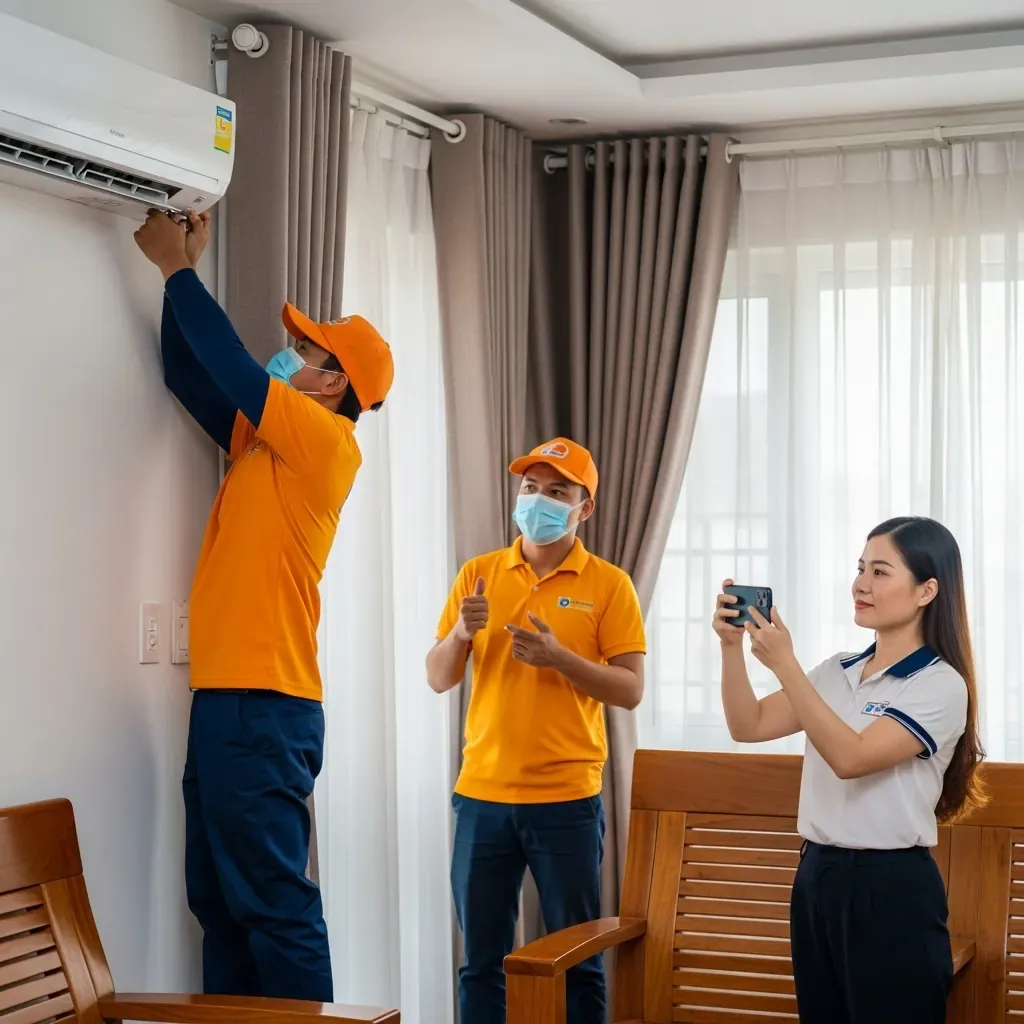 Nhân viên chuyển nhà đang tháo máy lạnh, chủ nhà chụp ảnh ghi lại yêu cầu phí bất ngờ.
