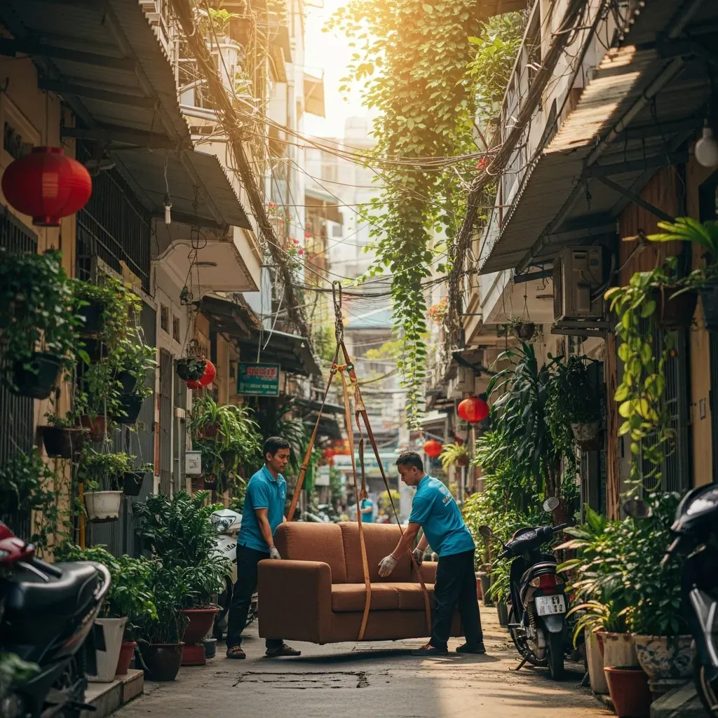 Nhân viên Sài Gòn Express khéo léo đưa ghế sofa qua con hẻm nhỏ Sài Gòn.