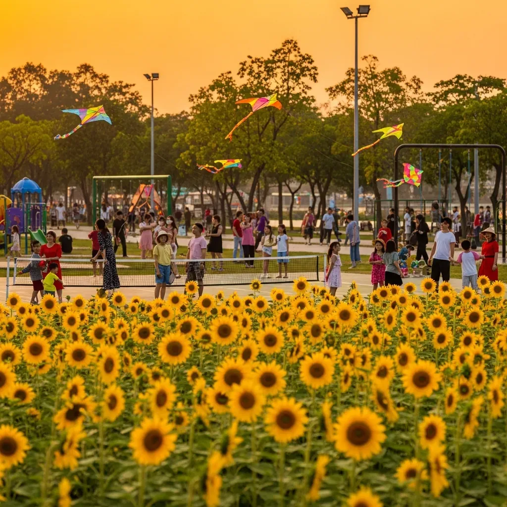 Cánh đồng hoa hướng dương và khu vui chơi sôi động cuối tuần ở công viên