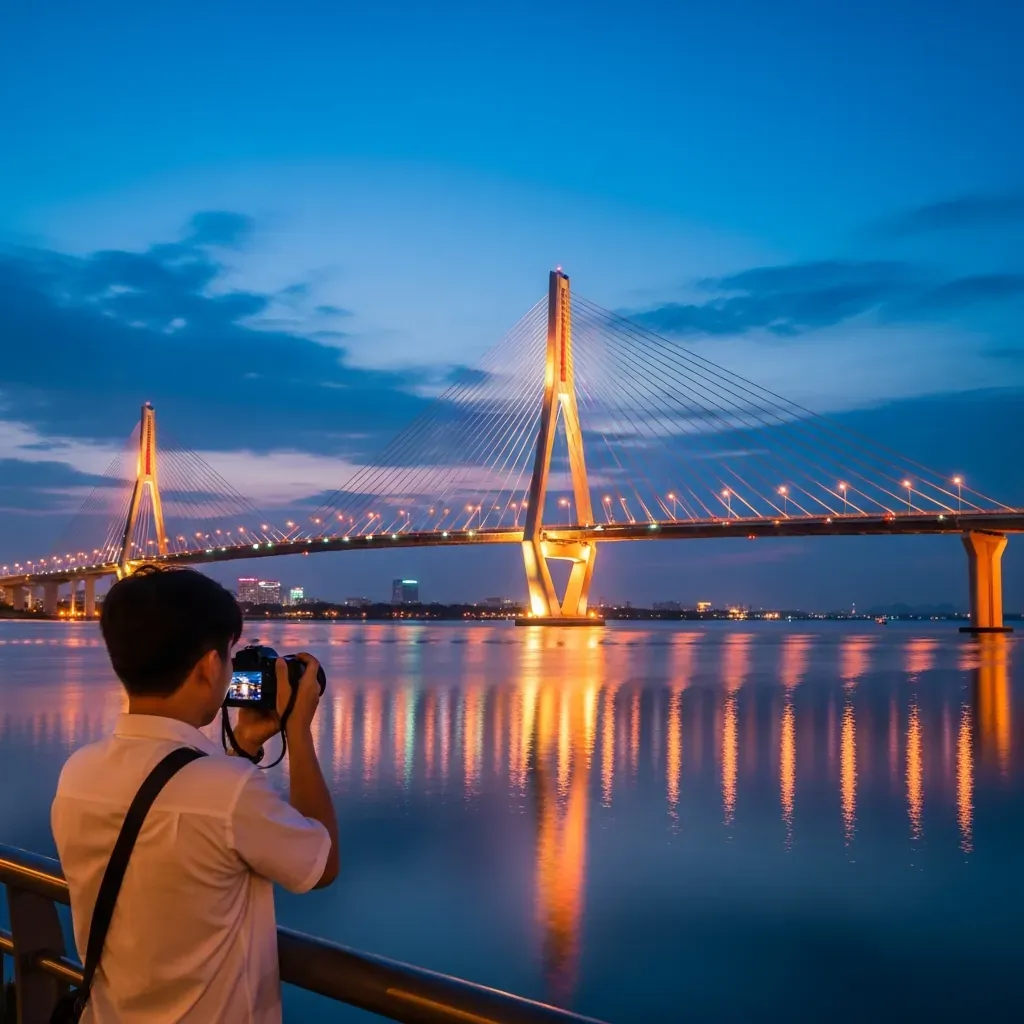 Cầu Ba Son lên đèn lúc hoàng hôn nhìn từ Công viên Sáng Tạo