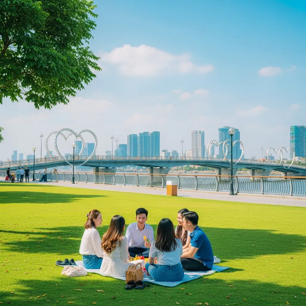 Công viên Sáng Tạo với trảng cỏ xanh và Cầu Tình Yêu lan can hình trái tim
