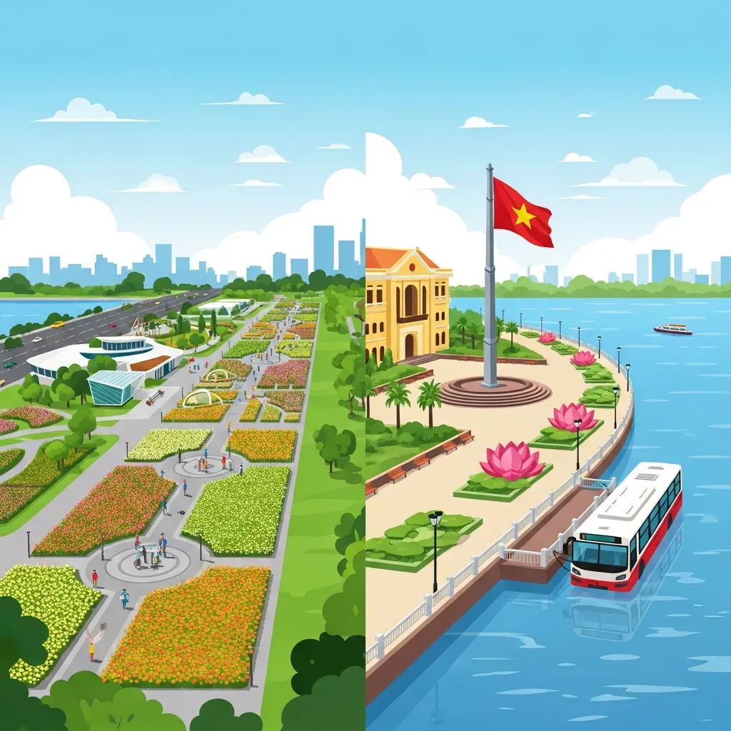 Minh họa so sánh công viên bờ sông Sài Gòn và Bến Bạch Đằng