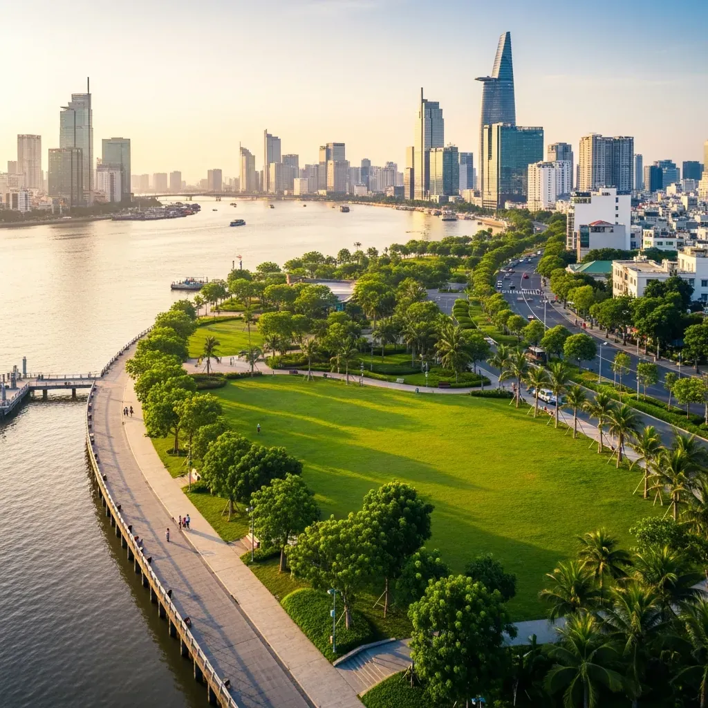 Toàn cảnh công viên bờ sông Sài Gòn nhìn sang skyline Quận 1 lúc chiều tối