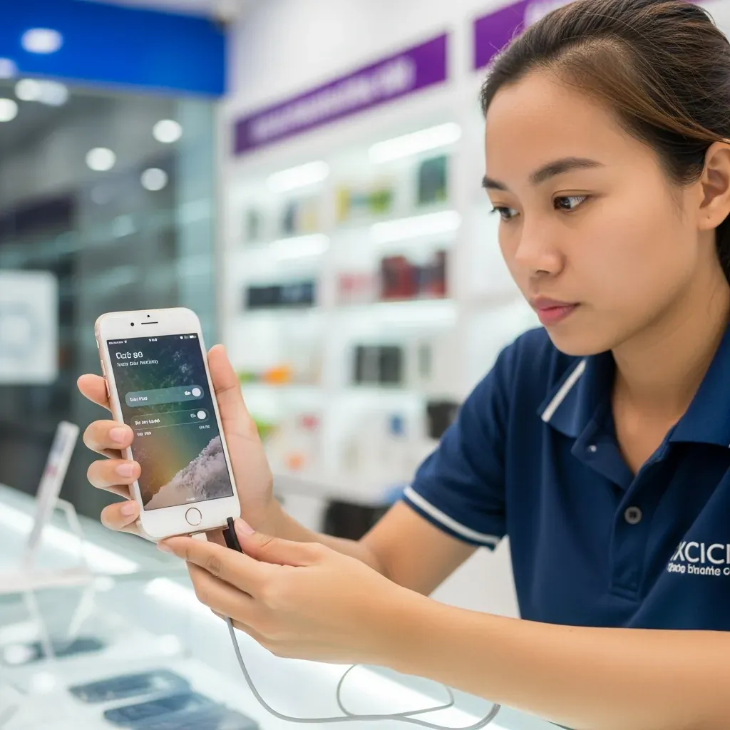 Người mua tự kiểm tra iPhone cũ tại quầy trước khi trả tiền