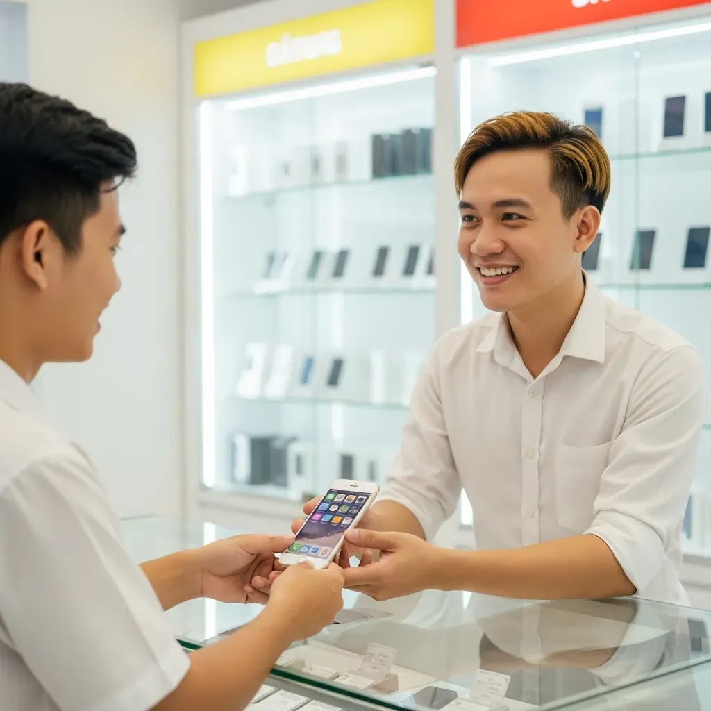 Nhân viên cửa hàng đưa iPhone cũ cho khách kiểm tra tại quầy ở TP.HCM