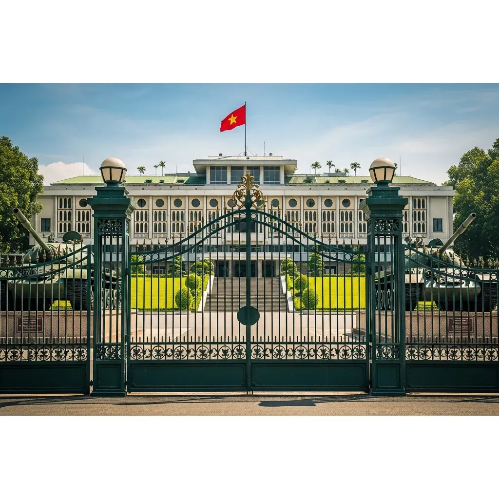 Cổng chính Dinh Độc Lập với hai xe tăng lịch sử và lá cờ trên nóc tòa nhà