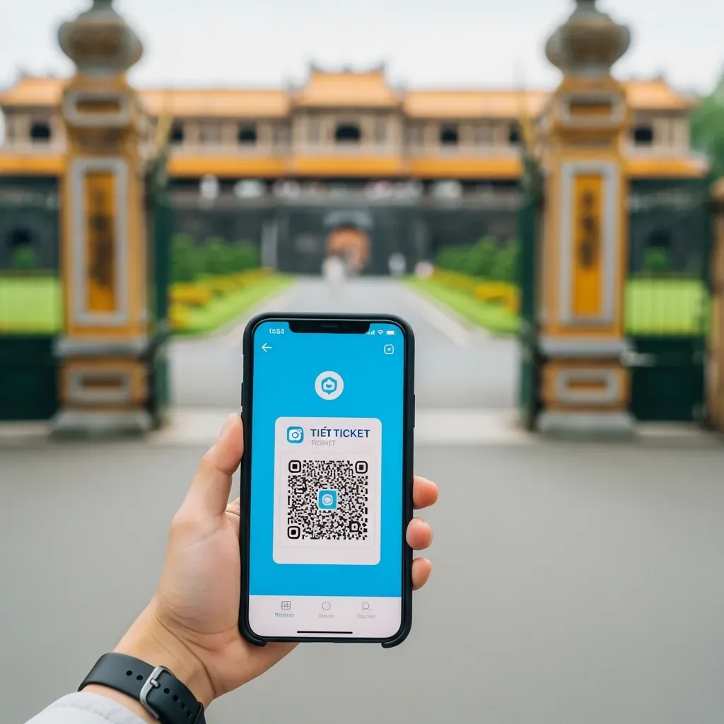 Du khách quét vé QR trên điện thoại tại cổng vào Dinh Độc Lập