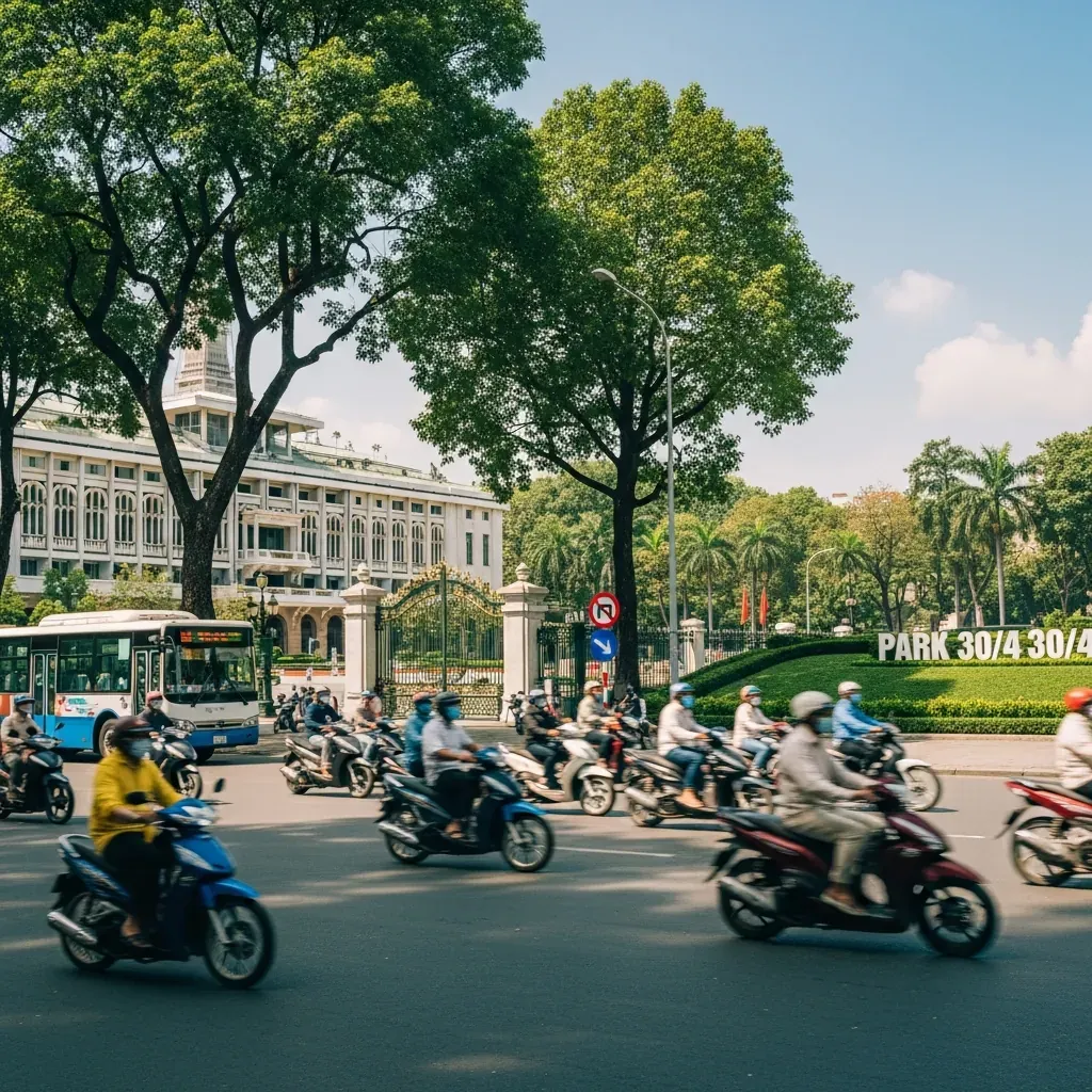 Khu vực cổng và đường phố trung tâm Quận 1 trước Dinh Độc Lập