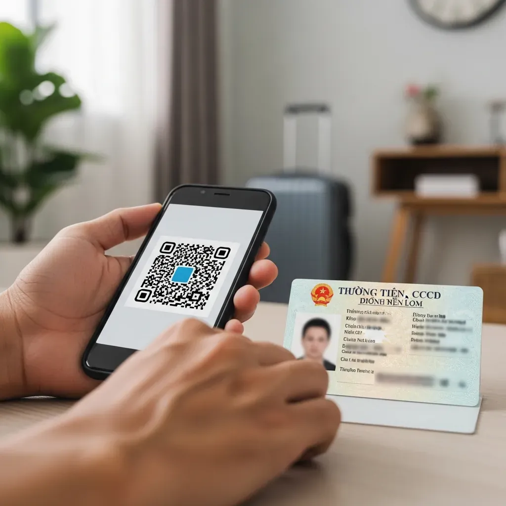 Bàn tay người đi tàu so sánh thông tin trên điện thoại và CCCD trước khi rời nhà.