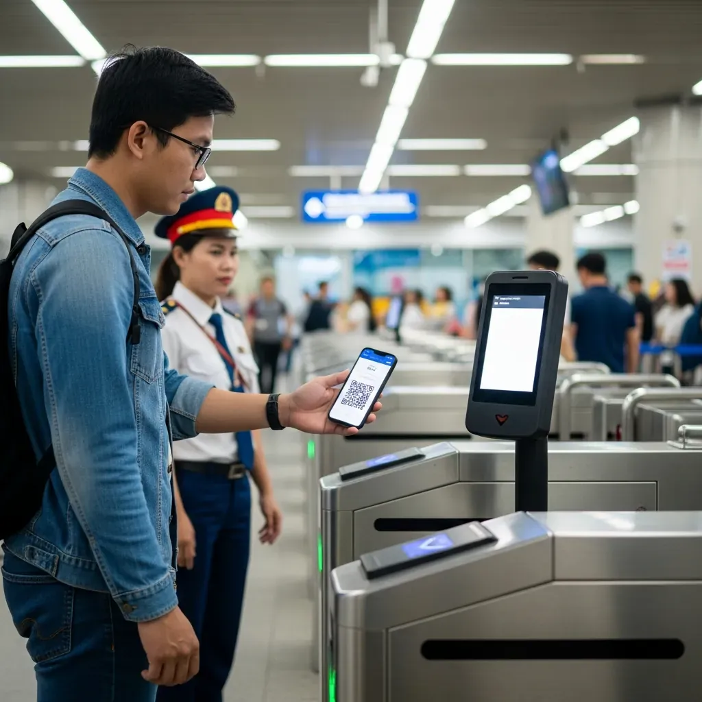Hành khách quét mã QR qua cổng soát vé tự động.