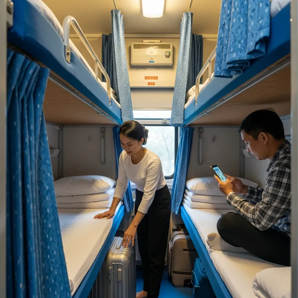 Hành khách sắp xếp hành lý gọn gàng trong khoang giường nằm tàu hỏa.