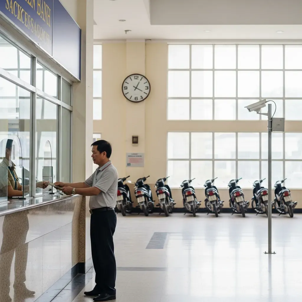 Người đàn ông mua vé tàu tại quầy chính thức trong ga.