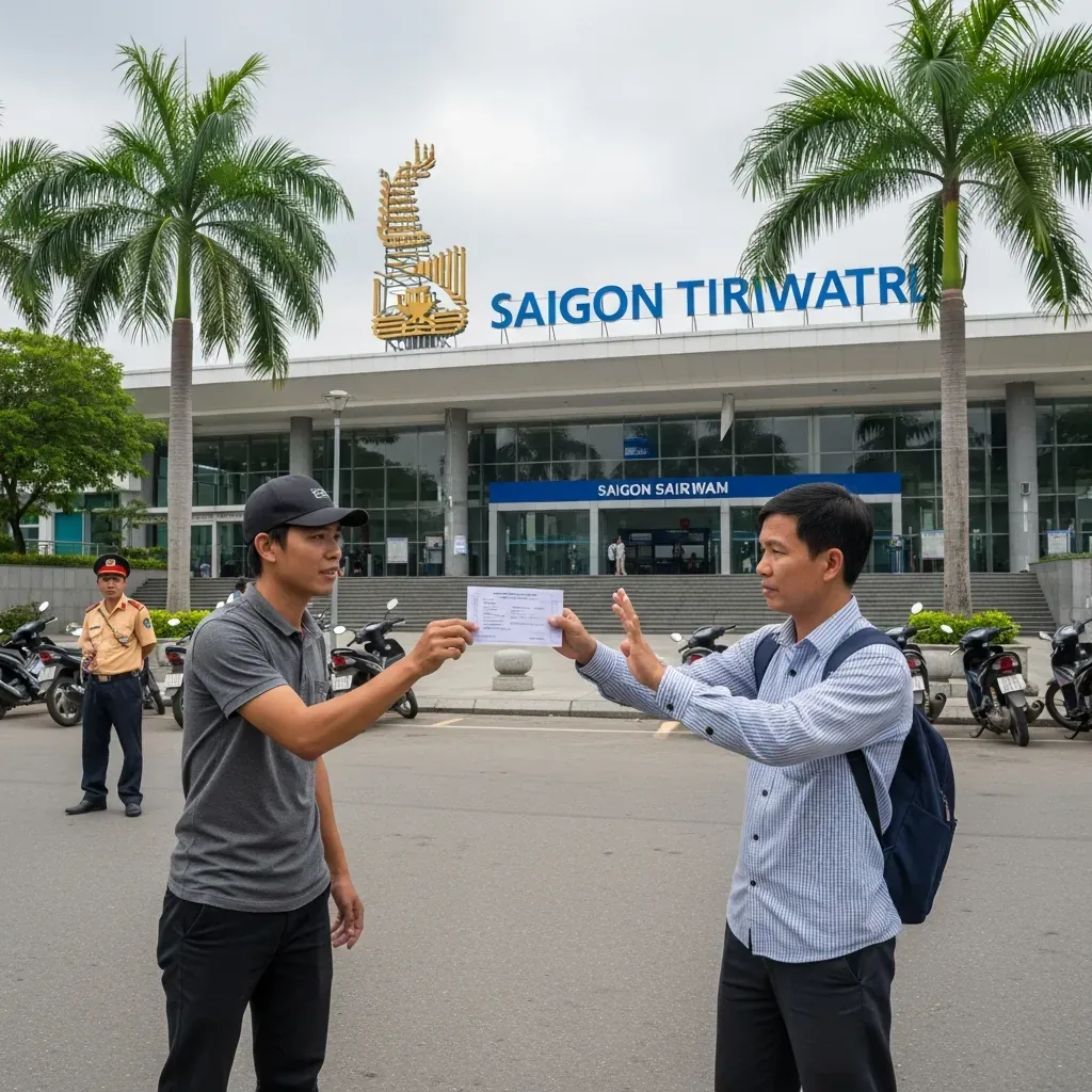 Người đàn ông từ chối mua vé từ cò vé trước cổng ga.